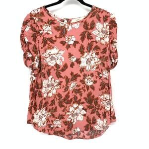 LOFT Short Gathered Puff Sleeve Blouse Womens Sz Medium Pink White Floral Print